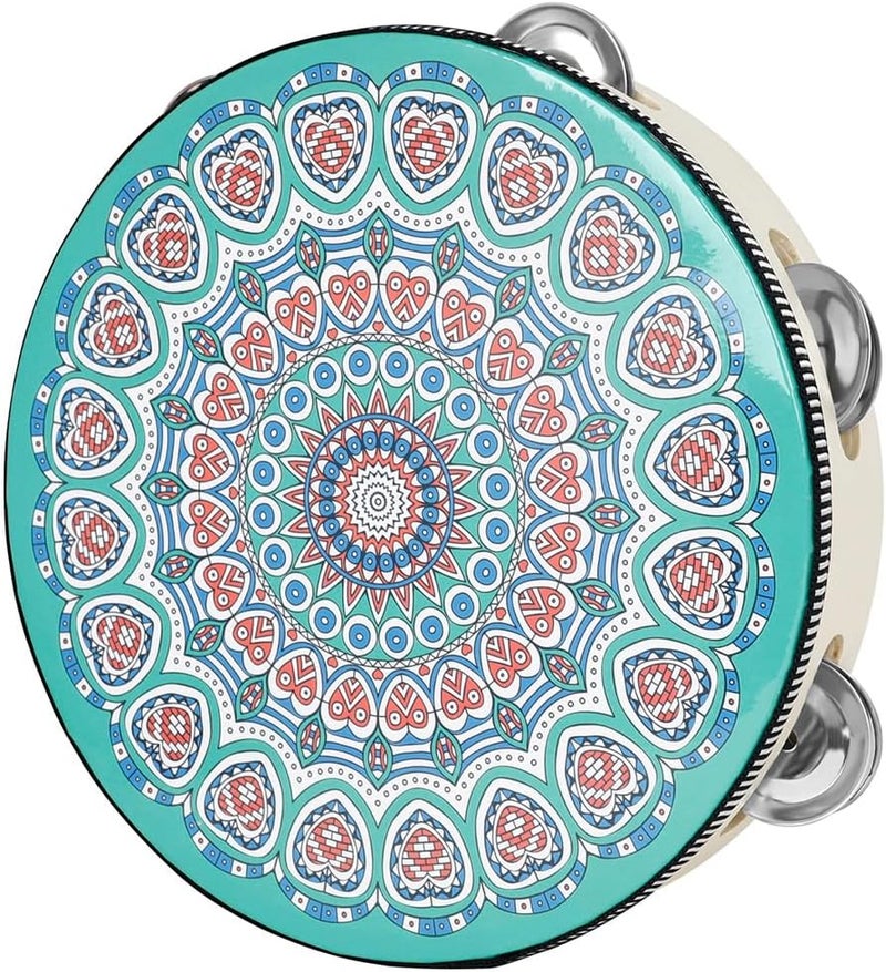 OriGlam 8 Inch Tambourine Wood Handbell Music Drum, Handheld Tambourine Drum Bell Metal Jingles Percussion Instrument Drum for Church, Dance, Party, KTV (Green) - Image 1